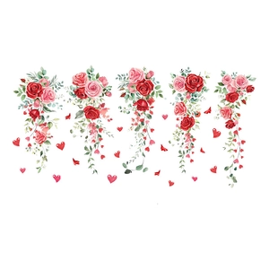 Red rose window stickers for Valentine's Day decor with pink flowers and green leaves