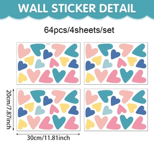 Détail de 64 stickers muraux cœurs pastels montrant 4 planches et dimensions de 30x20cm