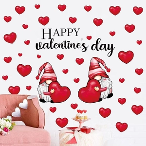 Valentine's Day gnome window stickers with red hearts and Happy Valentine's Day text