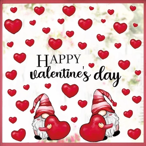 Happy Valentine's Day window decals featuring red hearts and festive cartoon gnomes