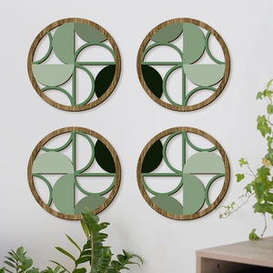Lot de 4 décorations murales circulaires en bois avec motifs géométriques verts bohèmes