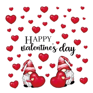Valentine's Day window stickers featuring cute gnomes with red hearts and festive slogans