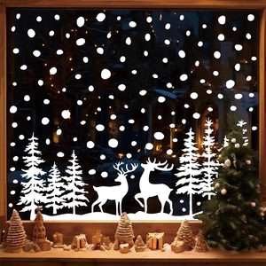 White Christmas window stickers with reindeer, pine trees, and snowflake static decals