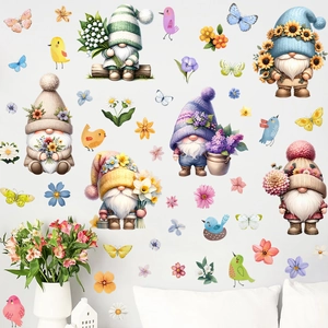 Spring gnome window clings with butterfly and floral patterns for glass decoration