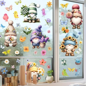 Spring garden gnomes window decals with colorful flowers, butterflies and birds decor