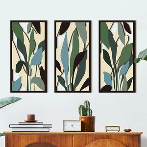 Dreiteiliges modernes Blatt-Wandkunst-Set aus Holz für minimalistische Deko