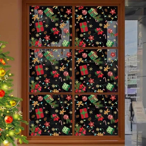 Christmas window stickers with gift boxes and gingerbread man on glass pane