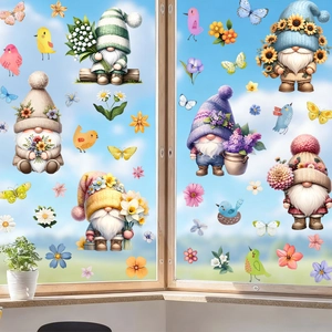 Spring Gnome Window Stickers 6 Sheets PVC Static Cling Flower Butterfly Bird Decals For Glass Window Decoration Wall Sticker