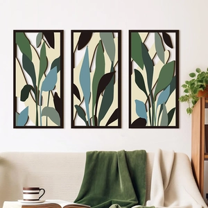 Dreiteiliges Wandkunst-Set mit botanischen Blättern und Holzrahmen für modernes Wohnzimmer