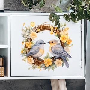 Sticker de fenêtre couronne colibri de printemps avec oiseaux colorés et fleurs sur meuble blanc