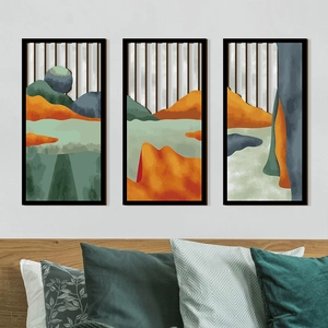 Detailansicht eines modernen dreiteiligen Wandbildes mit abstrakten Blättern im Schlafzimmer