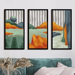 Dreiteiliges modernes abstraktes Berglandschaft Wandbildset mit schwarzen Rahmen