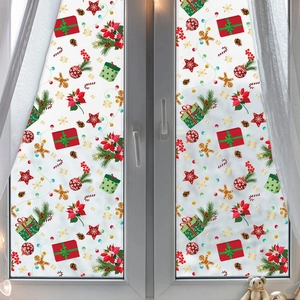 Christmas PVC window decals featuring festive gift boxes, stars and gingerbread man decorations