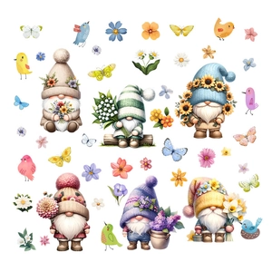 Spring gnome window stickers with colorful flowers and butterflies for glass decor