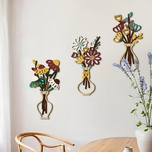 Lot de 3 décorations murales en bois avec vases floraux et motifs géométriques modernes