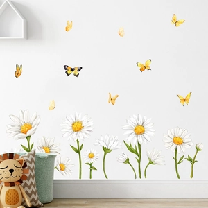 White daisy and yellow butterfly wall decals for nursery, PVC self-adhesive floral stickers