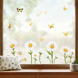 Spring White Daisy Flower Yellow Butterfly Window Static Stickers PVC Waterproof Wall Decals For Home Kids Room Decor