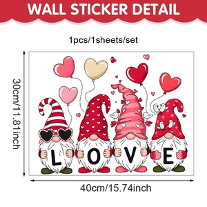 Detail view of Valentine gnome wall stickers with LOVE letters and pink heart balloons