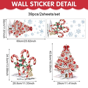 Detail of Christmas window stickers with dimensions of watercolor trees and candy canes