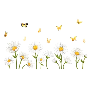 White daisy and butterfly wall decals with vibrant watercolor floral designs for home decor