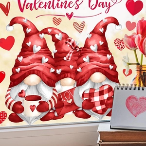Valentine's Day gnome window stickers with heart patterns for festive home wall decoration