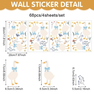 Détails du lot de 68 stickers muraux oie et fleurs avec dimensions précises indiquées