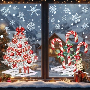 Christmas Window Cling Static PVC Stickers White Christmas Tree Candy Cane Snowflake Holiday Decoration For Glass Door Shop