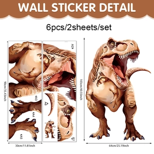 Detailed view of large 3D dinosaur wall sticker components and assembled dimensions