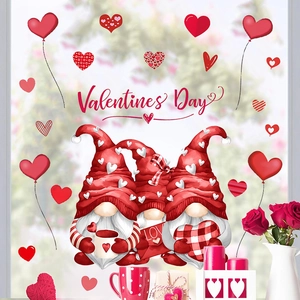 Valentine's Day gnome window stickers with red hearts and Cupid elements for party decor