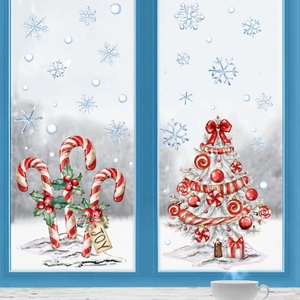 Christmas window decals with watercolor tree candy canes and snowflakes on glass