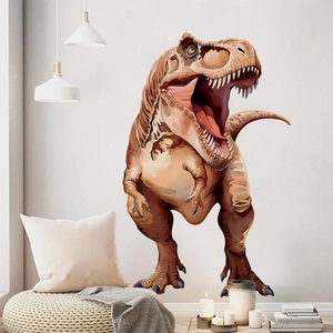 Large T-Rex wall sticker in a cozy nursery setting with warm lighting and home decor