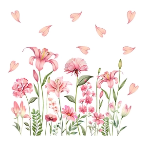 Autocollants de fenêtre fleurs aquarelle rose avec lys œillet et marguerite statiques
