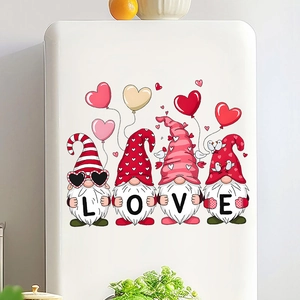 Close-up of LOVE letters on Valentine gnomes wall decals on a white refrigerator surface