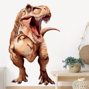 Large T-Rex dinosaur wall sticker in a cozy nursery room with minimalist wooden decor