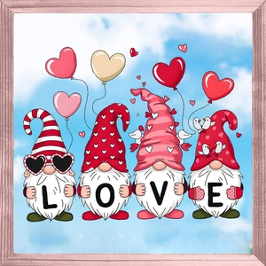 Framed Valentine stickers featuring LOVE gnomes with red hearts and cute balloons
