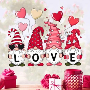 Detail of four Valentine gnomes holding LOVE letters with festive hearts and balloons