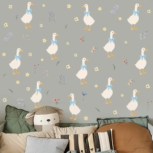 Détail de stickers muraux bohèmes avec des oies blanches et des fleurs pour enfant