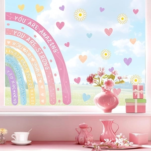 Rainbow window stickers with heart and daisy motifs for girls' bedroom decoration