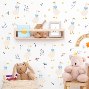 Détail de stickers muraux canard bohème avec animaux et fleurs pour chambre d'enfant