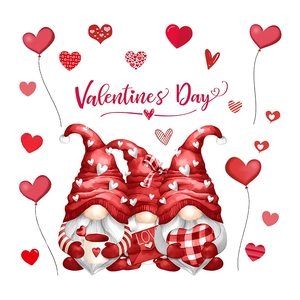 Three Valentine gnomes wall stickers with red hearts and love letter on white background