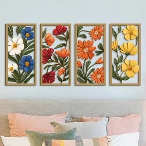 Set di 4 decorazioni da parete boho in legno con intagli floreali 3D colorati e traforati