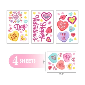 Détail de 4 planches de stickers muraux cœur Saint-Valentin de 20 x 30 cm chacune