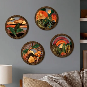Set of 4 vintage round geometric wood wall art featuring botanical and sunset motifs