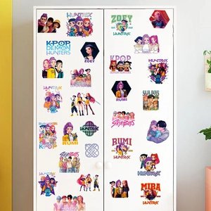 K-pop style anime character stickers displayed on a white wardrobe with vibrant colors