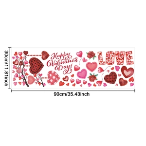 Close-up of heart stickers and roses on a 90x30cm Valentine's Day wall decal sheet