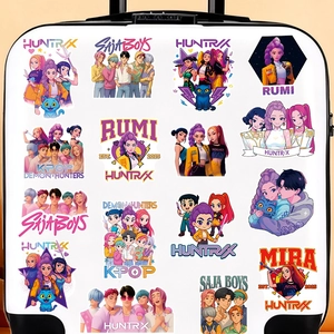 Waterproof PVC K-POP style cartoon stickers applied on a white suitcase surface