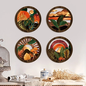 Set of 4 vintage geometric wooden wall art pieces featuring tropical and nature designs