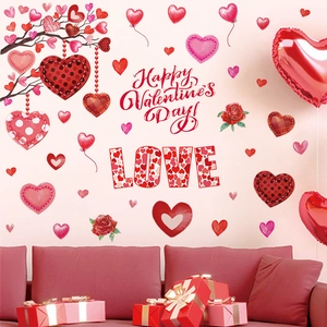 Watercolor Valentine's Day heart stickers with red roses and festive LOVE lettering