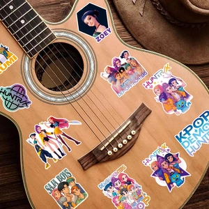 Anime cartoon stickers with K-POP theme shown on a wooden guitar for room decoration
