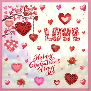 Valentine's Day heart and LOVE wall decals set with roses for festive window decoration